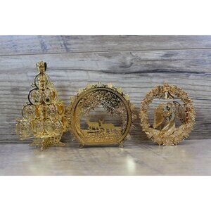Danbury Mint gold plated brass filigree holiday keepsake ornament set of 3